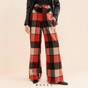 AFRM Red and Black Plaid Wide-Leg Pants